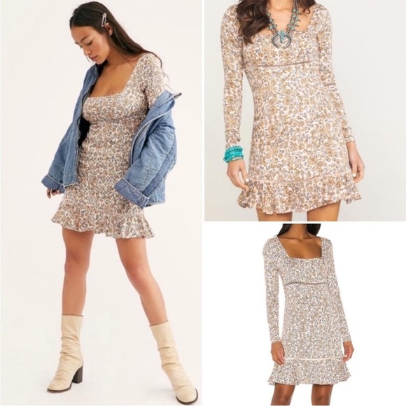 Free People Boheme Ivory Floral Mini Dress NWT Size 10 Long Sleeve - Picture 8 of 13